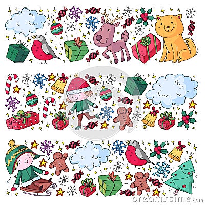 Christmas pattern with little children. Santa Claus and snowman. Ski, sledge, ice skating. Stock Photo