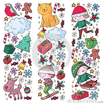 Christmas pattern with little children. Santa Claus and snowman. Ski, sledge, ice skating. Stock Photo