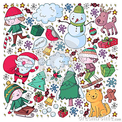 Christmas pattern with little children. Santa Claus and snowman. Ski, sledge, ice skating. Stock Photo