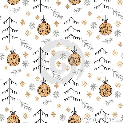 Christmas pattern with new years toy gold color consisting of xmas tree, ball, snowflake art deco line style for poster, sale, Stock Photo