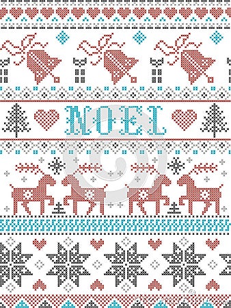 Christmas Pattern Noel Scandinavian style, inspired by Norwegian festive winter culture, seamless, in cross stitch with reindeer Vector Illustration