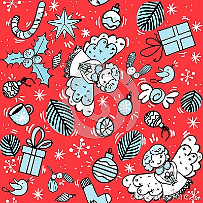 christmas pattern: presents, omela, angels Vector Illustration