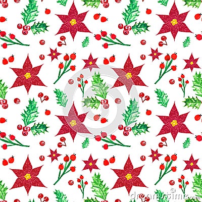 Christmas pattern with red poinsettia flowers and holly berries on white background, hand painted watercolor illustration Cartoon Illustration