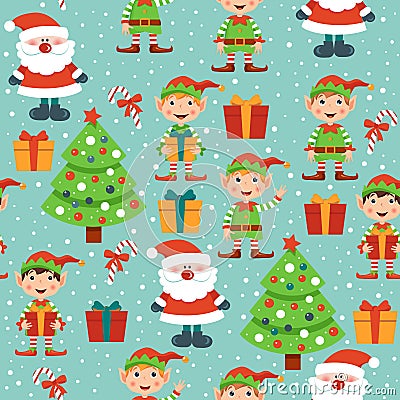 Christmas pattern with Santa, Christmas tree, gifts and elves Vector Illustration