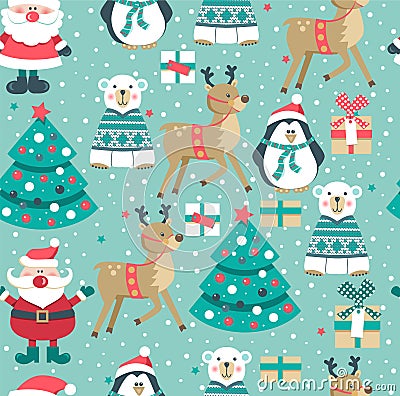 Christmas pattern with Santa, tree,boxes, polar bear. snowman, deer and penguin., Stock Photo