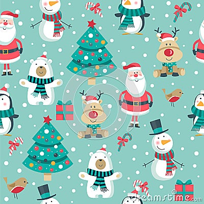 Christmas pattern with Santa, tree, polar bear. snowman, deer and penguin., Stock Photo