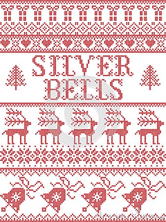 Christmas pattern Silver bells carol seamless pattern inspired by Nordic culture festive winter in cross stitch with heart Vector Illustration