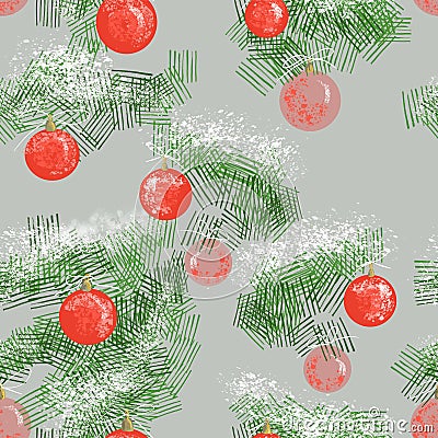 Christmas pattern with snow, branches and red balls Cartoon Illustration