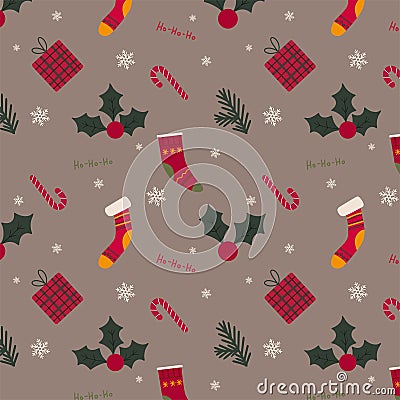 Christmas pattern socks snowflakes gift Christmas berry and candy Vector Illustration