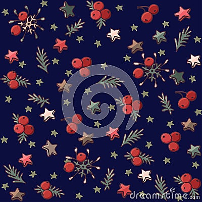 Christmas pattern with spruce branches, stars and berries Vector Illustration