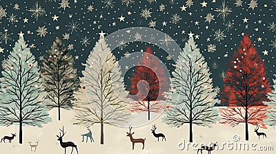 Christmas pattern with stylized trees, reindeer, and stars, evoking a sense of celebration on a light color canvas. Stock Photo