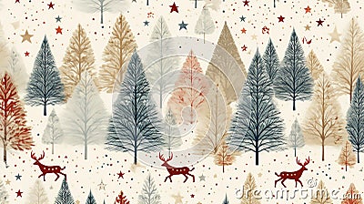 Christmas pattern with stylized trees, reindeer, and stars, evoking a sense of celebration on a light color or dark color canvas. Stock Photo