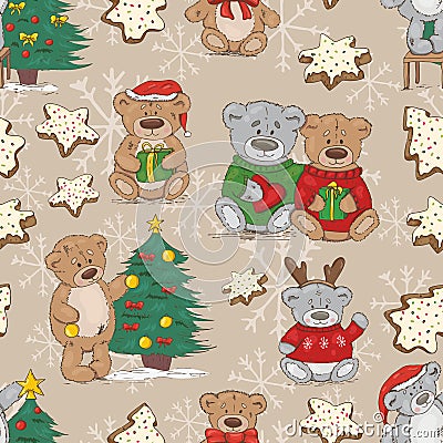 Christmas pattern with teddy bears and cookies Vector Illustration