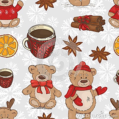 Christmas pattern with teddy bears, cups and spices Vector Illustration