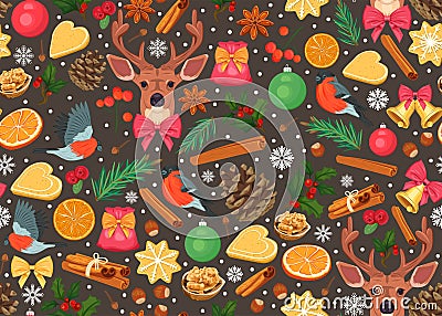 Christmas pattern with traditional festive elements Vector Illustration