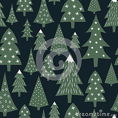 Christmas pattern - varied Xmas trees and snowflakes. Simple seamless Happy New Year background. Vector Illustration