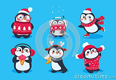 Christmas penguin. Funny snow animals, cute baby penguins cartoon characters in winter hat. Isolated vector set Vector Illustration