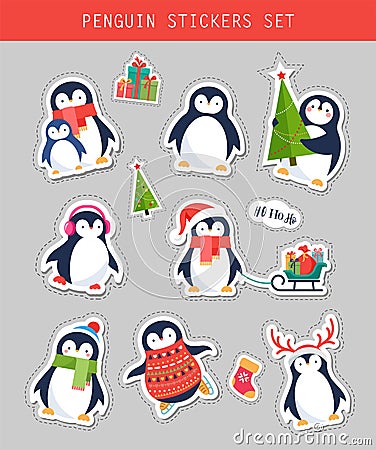 Christmas penguin stickers set, patches and labels Vector Illustration