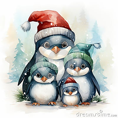 Christmas Penguins family in Santa Claus hats with gift box Cartoon Illustration