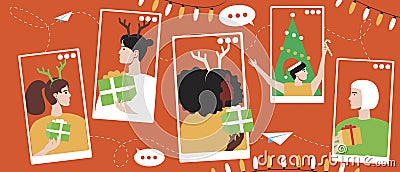 Christmas People Online, Flat Vector Stock Illustration with Miscellaneous Ethnicity, Afro Woman, Child, Old Person and Christmas Cartoon Illustration