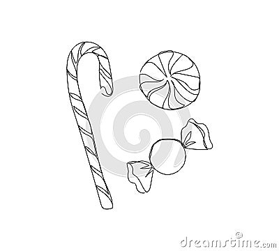 Christmas peppermint caramel candy line art. Continuous line drawing of new year, holidays, christmas, traditional Vector Illustration