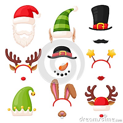 Christmas photo booth, festive mask set on white Vector Illustration