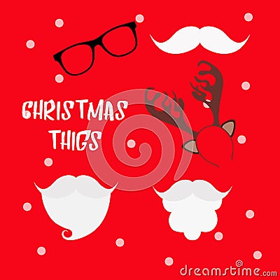 Christmas photo booth props set with Santa hat and beard, reindeer antlers, mustache and glasses. Party decoration. Christmas hats Stock Photo