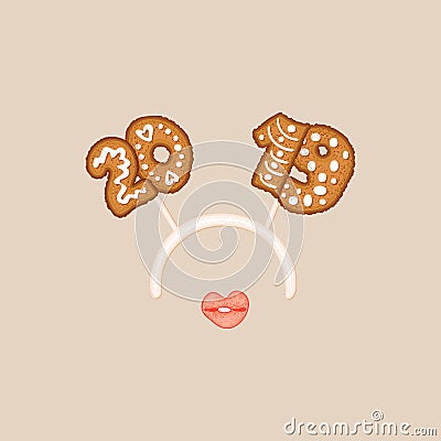 Christmas photo prop booth mask with 2019 numbers on cute headband and kissing lips. New year photo booth element 2019 Vector Illustration