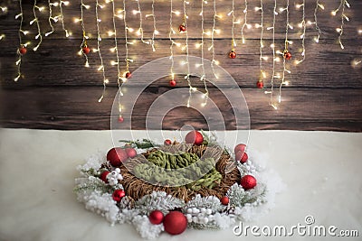 Christmas photo zone. Christmas decor. garland. wicker wreath. artificial snow. Stock Photo