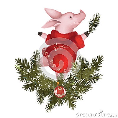 Christmas pig in a sweater, a symbol of the 2019 new year. Isolated on white background. With garland Stock Photo