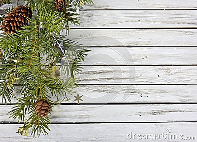 Christmas pine bough on wood Stock Photo