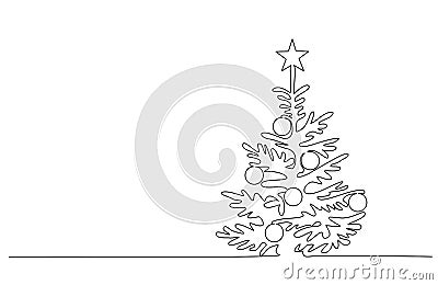 Christmas pine fir tree. Continuous one line drawing Vector Illustration