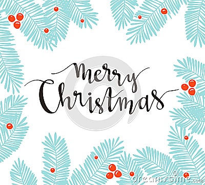 Christmas pine frame with holiday lettering - Merry Christmas. Vector illustration for greeting cards, invitations. Vector Illustration