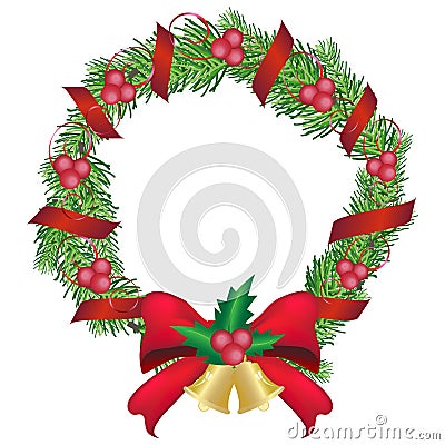 Christmas pine garland and red bow decoration pine wreath, Vector Illustration