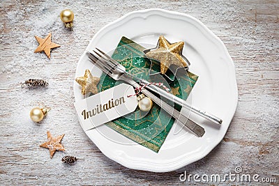 Christmas place setting, plate, napkin, knive and fork Stock Photo