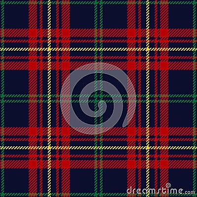 Christmas plaid pattern in red, green, yellow, dark blue. Seamless striped textured tartan check plaid vector. Vector Illustration