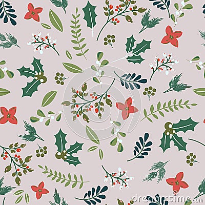 Christmas plants branches and berries seamless pattern. Winter Xmas holidays gray festive wrap paper design Vector Illustration
