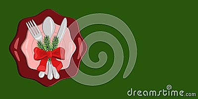 Christmas plate with fork, spoon and knife, decorated with red bow and Christmas tree branch, vector Vector Illustration