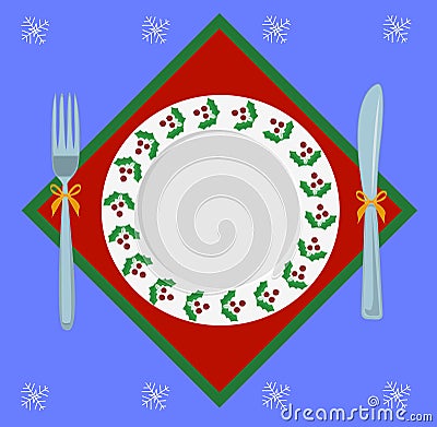 Christmas plate,A plate with a fork and knife,Christmas tablecloth,snowflakes Vector Illustration