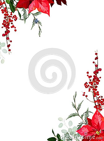 Christmas poinsettia, emerald greenery, red berry, cedar, salal, pine cone vector design frame Vector Illustration