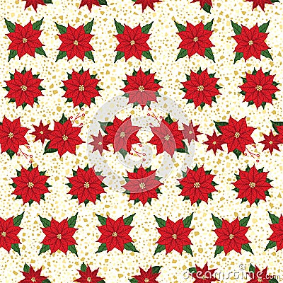 Christmas Poinsettia and gold texture seamless floral pattern background. Vector Stock Photo