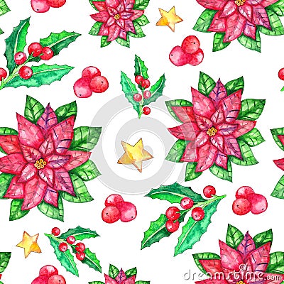 Christmas poinsettia seamless pattern, watercolor flower, holly berries, Stock Photo