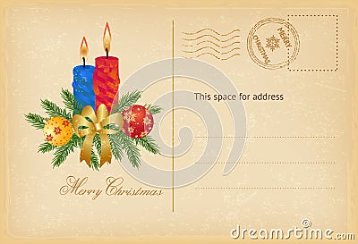 Christmas post card with candles and balls. Vector Illustration