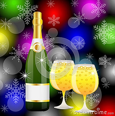 Christmas postal with a bottle and glasses of champagne Vector Illustration