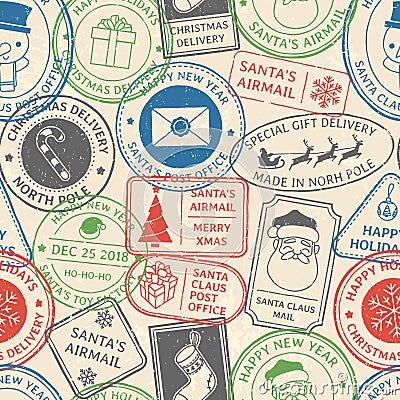 Christmas postal pattern. Santa Claus postmark cachet, winter holiday postage card stamp and north pole mail stamps Vector Illustration