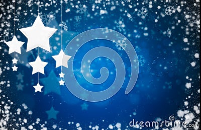 Christmas postcard with abstract background and stars shaped with leaves, snow particles and bright lights Stock Photo