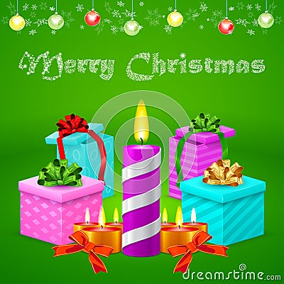 Christmas postcard with colorful gift boxes and different candle Stock Photo