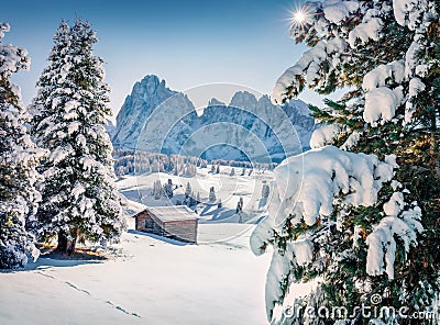Fabulous winter view of Alpe di Siusi village with Plattkofel peak on background. Stock Photo