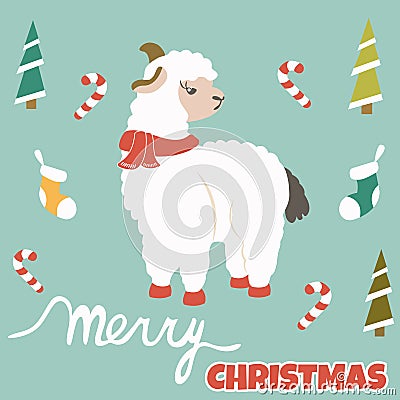 Christmas postcard with holiday lama and elements Vector Illustration