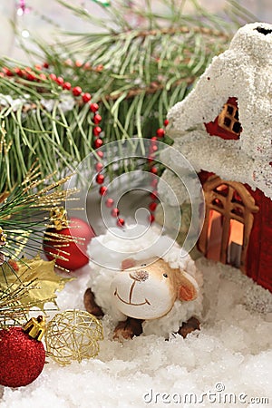 Christmas postcard with New Year sheep Stock Photo